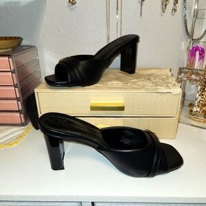 Black Faux Leather Open Toe Mules w/Gold Hardware